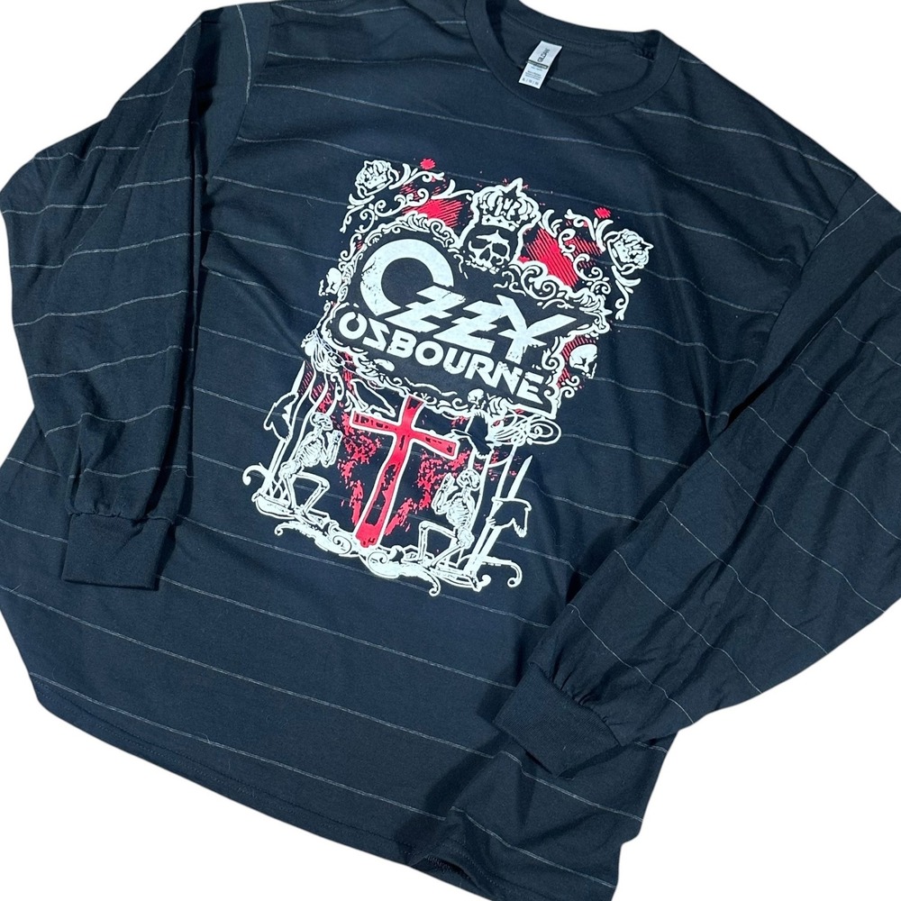 Gildan Ozzy Osbourne Long Sleeve Shirt Mens XL Black Pinstripe Graphic Band Tee